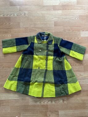 Girls Plaid Green & Navy Wool-Blend Coat